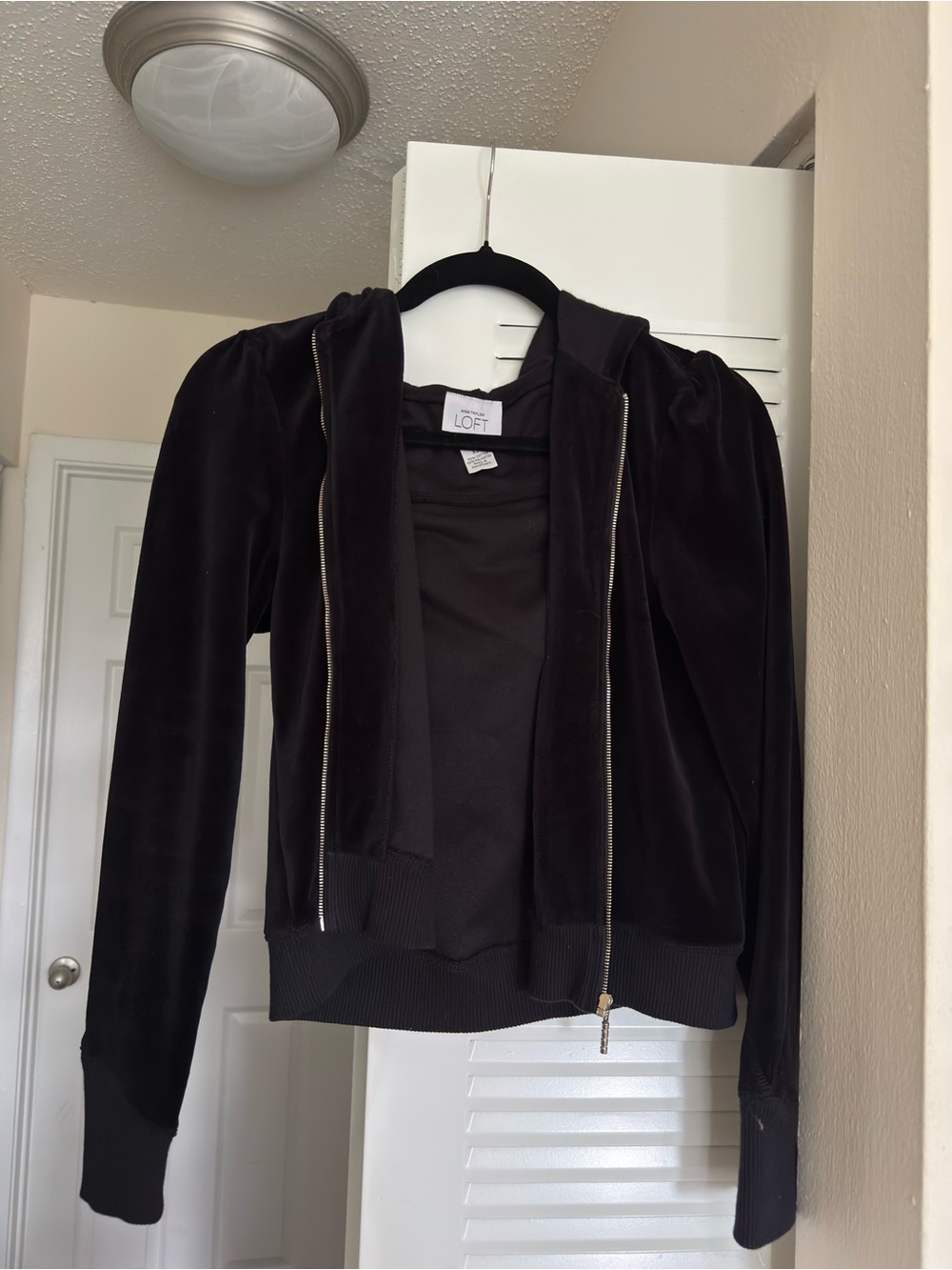 LOFT Black Velvet Zip Hoodie Bomber